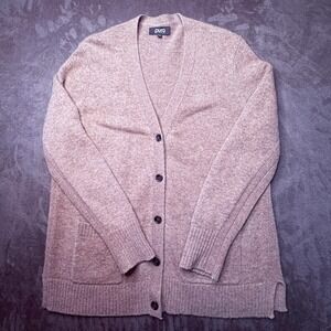 Pura Cashmere Cardigan Sweater Womens Sz L Merino Wool Taupe V-Neck Button Front
